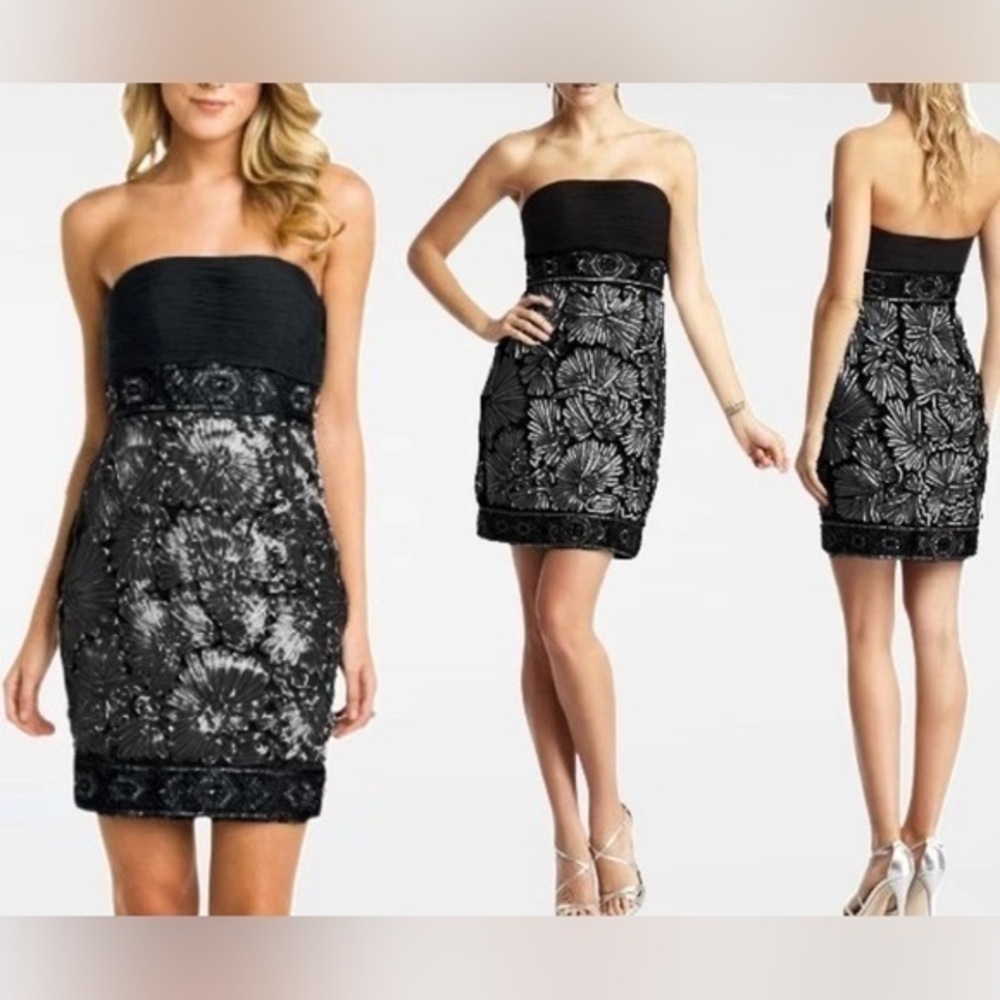 Sue Wong Nocturne Black Beaded Soutache Ribbon Strapless Charcoal Dress Size 8